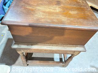 MaxSold Auction: Carved Oak Sewing/Work Box on Attached Stand - Round Rock (Texas, USA) SELLER MANAGED Estate Sale Online Auction - Gattis School Road