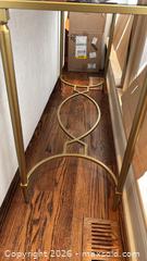 MaxSold Auction: Modern Gold Brass Metal Frame Console Table with Glass Top - Toronto (Ontario, Canada) SELLER MANAGED Downsizing Online Auction - Joicey Blvd 