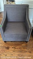 MaxSold Auction: Modern Gray Linen Armchair with Nailhead Trim - Toronto (Ontario, Canada) SELLER MANAGED Downsizing Online Auction - Joicey Boulevard