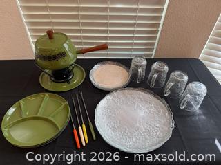 MaxSold Auction: Retro Green Fondue Party Set — Melting Pot with Stand and Forks, Sectioned Plates, Glass Plates and Mugs  - Roseville (California, USA) PARTNER MANAGED Moving Online Auction - Marie Court #2