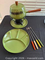 MaxSold Auction: Retro Green Fondue Party Set — Melting Pot with Stand and Forks, Sectioned Plates, Glass Plates and Mugs  - Roseville (California, USA) PARTNER MANAGED Moving Online Auction - Marie Court #2