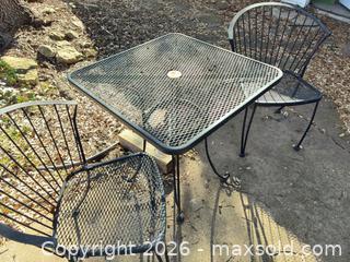 MaxSold Auction: Wrought Iron Black Patio Bistro Set with Umbrella Hole - Plano (Texas, USA) SELLER MANAGED Downsizing Online Auction -  Pin Oak Lane