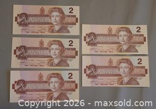 MaxSold Auction: Canada 1986 $2 Banknotes, Lot of 5 - Toronto (Ontario, Canada) PARTNER MANAGED Reseller Online Auction - Queen Street West.