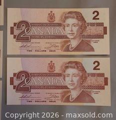 MaxSold Auction: Canada 1986 $2 Banknotes, Lot of 5 - Toronto (Ontario, Canada) PARTNER MANAGED Reseller Online Auction - Queen Street West.