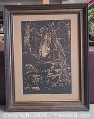 MaxSold Auction: Original Woodcut Relief Print of Forest Landscape with man, Framed - Toronto (Ontario, Canada) PARTNER MANAGED Reseller Online Auction - Queen Street West.