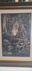 MaxSold Auction: Original Woodcut Relief Print of Forest Landscape with man, Framed - Toronto (Ontario, Canada) PARTNER MANAGED Reseller Online Auction - Queen Street West.