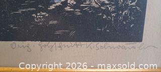 MaxSold Auction: Original Woodcut Relief Print of Forest Landscape with man, Framed - Toronto (Ontario, Canada) PARTNER MANAGED Reseller Online Auction - Queen Street West.