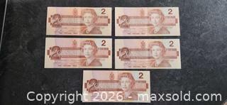 MaxSold Auction: 5 Canadian Two Dollar Bills, 1986 - Pelham (Ontario, Canada) SELLER MANAGED Reseller Online Auction - Foss Road