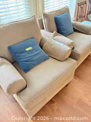MaxSold Auction: Barrymore Pair of Beige/Tan Armchairs with Blue Accent Pillows - New Westminster (British Columbia, Canada) PARTNER MANAGED Downsizing Online Auction -  Jamieson Court (CONDO)