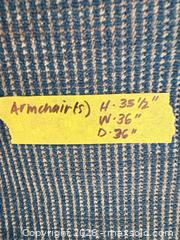 MaxSold Auction: Barrymore Pair of Beige/Tan Armchairs with Blue Accent Pillows - New Westminster (British Columbia, Canada) PARTNER MANAGED Downsizing Online Auction -  Jamieson Court (CONDO)