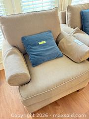 MaxSold Auction: Barrymore Pair of Beige/Tan Armchairs with Blue Accent Pillows - New Westminster (British Columbia, Canada) PARTNER MANAGED Downsizing Online Auction -  Jamieson Court (CONDO)