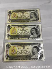 MaxSold Auction: Lot of 3 - 1973 Canadian one-dollar banknotes - Windsor (Ontario, Canada) SELLER MANAGED Reseller Online Auction - Byng Road