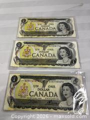 MaxSold Auction: Lot of 3 - 1973 Canadian one-dollar banknotes - Windsor (Ontario, Canada) SELLER MANAGED Reseller Online Auction - Byng Road