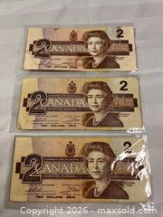 MaxSold Auction: Lot of 3 - 1986 Canadian $2 banknotes - Windsor (Ontario, Canada) SELLER MANAGED Reseller Online Auction - Byng Road