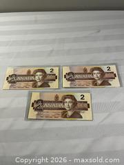 MaxSold Auction: Lot of 3 - 1986 Canadian $2 banknotes - Windsor (Ontario, Canada) SELLER MANAGED Reseller Online Auction - Byng Road