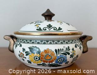MaxSold Auction: Vintage Asta Cookware Enamelware Floral Dutch Oven with Brass Handles - Mountain View (California, USA) SELLER MANAGED Estate Sale Online Auction - Clark Avenue