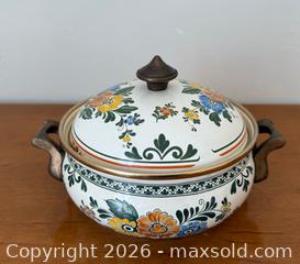 MaxSold Auction: Vintage Asta Cookware Enamelware Floral Dutch Oven with Brass Handles - Mountain View (California, USA) SELLER MANAGED Estate Sale Online Auction - Clark Avenue