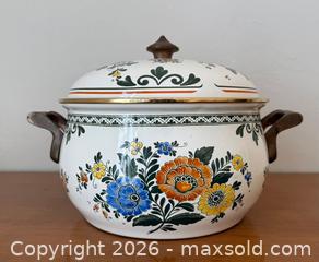 MaxSold Auction: Vintage Asta Cookware Enamelware Floral Dutch Oven with Brass Handles - Mountain View (California, USA) SELLER MANAGED Estate Sale Online Auction - Clark Avenue