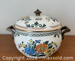 MaxSold Auction: Vintage Asta Cookware Enamelware Floral Dutch Oven with Brass Handles - Mountain View (California, USA) SELLER MANAGED Estate Sale Online Auction - Clark Avenue