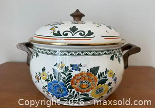 MaxSold Auction: Vintage Asta Cookware Enamelware Floral Dutch Oven with Brass Handles - Mountain View (California, USA) SELLER MANAGED Estate Sale Online Auction - Clark Avenue