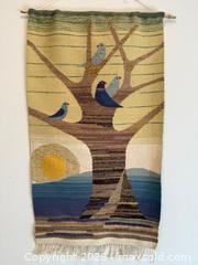 MaxSold Auction: Vintage Mid-Century Modern Fiber Art Bird and Tree Tapestry in the Style of Evelyn Ackerman: Sri Aurobindo Ashram Hablik Handicraft Pondicherry India - Mountain View (California, USA) SELLER MANAGED Estate Sale Online Auction - Clark Avenue