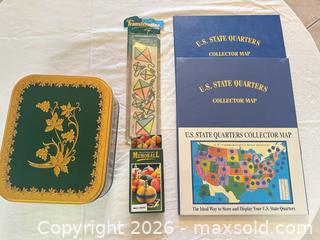 MaxSold Auction: Lot of 5: Decorative Tin, Quarters Map, Memoball Notepad, Iron-On Transfers - Sun City (Arizona, USA) PARTNER MANAGED Estate Sale Online Auction - West Jacaranda Drive