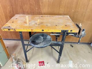 MaxSold Auction: Metal Top Workbench with Stool, Bench Dogs, Steel Legs - Point Edward (Ontario, Canada) SELLER MANAGED Estate Sale Online Auction -  Michigan Avenue
