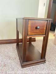 MaxSold Auction: Solid Wood Dark Brown Traditional End Table with Drawer - Point Edward (Ontario, Canada) SELLER MANAGED Estate Sale Online Auction -  Michigan Avenue