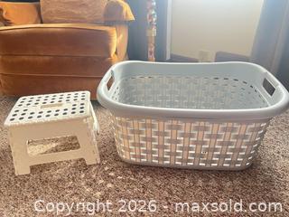 MaxSold Auction: White Plastic Large Laundry Basket with Handles & Folding Step Stool - Point Edward (Ontario, Canada) SELLER MANAGED Estate Sale Online Auction -  Michigan Avenue