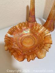 MaxSold Auction: Carnival Glass Bowl with Two Matching Cone Vases, Orange Iridescent - Cupertino (California, USA) SELLER MANAGED Downsizing Online Auction - Rollingdell Drive (CONDO)