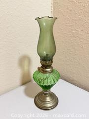 MaxSold Auction: Green Glass and Metal Oil Lamp with Chimney and Adjustable Wick - Cupertino (California, USA) SELLER MANAGED Downsizing Online Auction - Rollingdell Drive (CONDO)