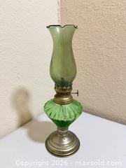 MaxSold Auction: Green Glass and Metal Oil Lamp with Chimney and Adjustable Wick - Cupertino (California, USA) SELLER MANAGED Downsizing Online Auction - Rollingdell Drive (CONDO)