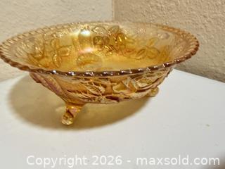 MaxSold Auction: Marigold Amber Iridescent Carnival Glass Rose Floral Bowl - Cupertino (California, USA) SELLER MANAGED Downsizing Online Auction - Rollingdell Drive (CONDO)