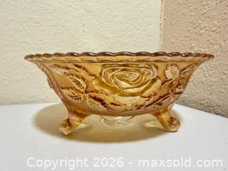 MaxSold Auction: Marigold Amber Iridescent Carnival Glass Rose Floral Bowl - Cupertino (California, USA) SELLER MANAGED Downsizing Online Auction - Rollingdell Drive (CONDO)