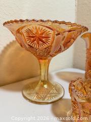 MaxSold Auction: Marigold Carnival Glass Starburst Set, 3 Pieces - Cupertino (California, USA) SELLER MANAGED Downsizing Online Auction - Rollingdell Drive (CONDO)