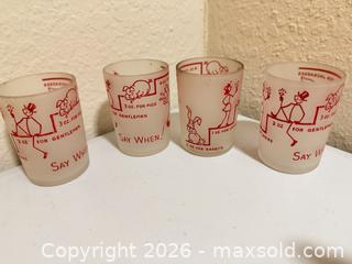 MaxSold Auction: Say When - Set of 4 Frosted Glass Shot Glasses with Red Cartoon Prints - Cupertino (California, USA) SELLER MANAGED Downsizing Online Auction - Rollingdell Drive (CONDO)