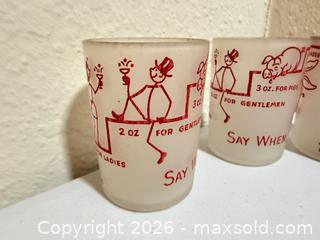 MaxSold Auction: Say When - Set of 4 Frosted Glass Shot Glasses with Red Cartoon Prints - Cupertino (California, USA) SELLER MANAGED Downsizing Online Auction - Rollingdell Drive (CONDO)