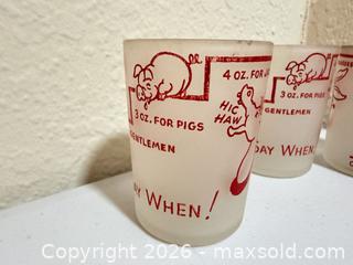 MaxSold Auction: Say When - Set of 4 Frosted Glass Shot Glasses with Red Cartoon Prints - Cupertino (California, USA) SELLER MANAGED Downsizing Online Auction - Rollingdell Drive (CONDO)