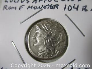 MaxSold Auction: Ancient Roman Republic Silver Denarius Currency Coin. Lucius Appuleius, Rome Moneyer. Rome Mint. 104 B.C. - Toronto (Ontario, Canada) SELLER MANAGED Estate Sale Online Auction - Annette Street