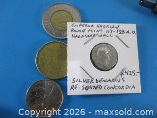 MaxSold Auction: Ancient Roman Silver Denarius Currency Coin. Emperor HADRIAN 117-138 A.D. Known For Hadrian's Wall. - Toronto (Ontario, Canada) SELLER MANAGED Estate Sale Online Auction - Annette Street