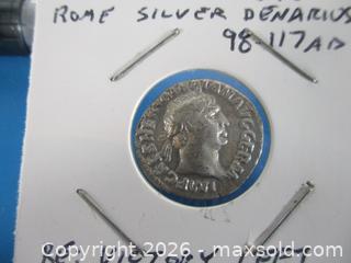 MaxSold Auction: Ancient Roman Silver Denarius Currency Coin. Emperor TRAJAN 98-117 A.D. - Toronto (Ontario, Canada) SELLER MANAGED Estate Sale Online Auction - Annette Street