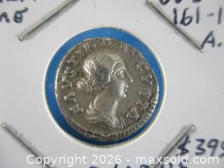 MaxSold Auction: Ancient Roman Silver Denarius Currency Coin. Empress Faustina "The Younger" 161-164 A.D. Wife To Emperor Marcus Aurelius. - Toronto (Ontario, Canada) SELLER MANAGED Estate Sale Online Auction - Annette Street