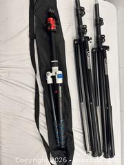 MaxSold Auction: 2 photobright lighting light stands, road aluminum tripod with case - Hanover Township (Pennsylvania, USA) PARTNER MANAGED Downsizing Online Auction - Airport Road (STORAGE)              