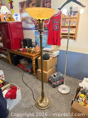 MaxSold Auction: Vtg. Art Deco Brass Torchiere Floor Lamp with Frosted Relief Custard Glass Shade - Maple Ridge (British Columbia, Canada) PARTNER MANAGED Estate Sale Online Auction - Blanshard Street