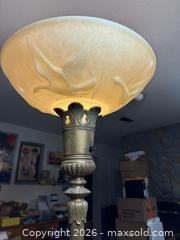 MaxSold Auction: Vtg. Art Deco Brass Torchiere Floor Lamp with Frosted Relief Custard Glass Shade - Maple Ridge (British Columbia, Canada) PARTNER MANAGED Estate Sale Online Auction - Blanshard Street