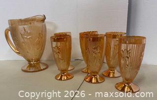 MaxSold Auction: Amber Carnival Glass Pitcher with 6 Footed Tumblers - Lakeshore (Ontario, Canada) PARTNER MANAGED Downsizing Online Auction - County Road 42