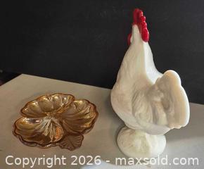 MaxSold Auction: Milk Glass Rooster Covered Dish with Amber Pedestal Dish - Lakeshore (Ontario, Canada) PARTNER MANAGED Downsizing Online Auction - County Road 42