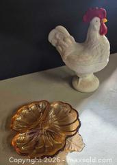 MaxSold Auction: Milk Glass Rooster Covered Dish with Amber Pedestal Dish - Lakeshore (Ontario, Canada) PARTNER MANAGED Downsizing Online Auction - County Road 42