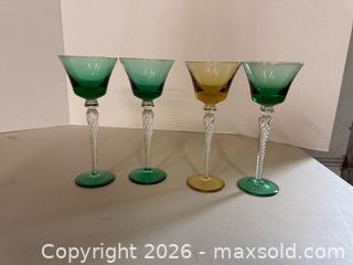 MaxSold Auction: Set of 4 Green and Amber Air-Twist Stem Glasses - Lakeshore (Ontario, Canada) PARTNER MANAGED Downsizing Online Auction - County Road 42