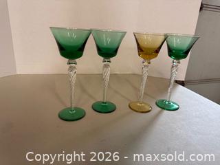 MaxSold Auction: Set of 4 Green and Amber Air-Twist Stem Glasses - Lakeshore (Ontario, Canada) PARTNER MANAGED Downsizing Online Auction - County Road 42